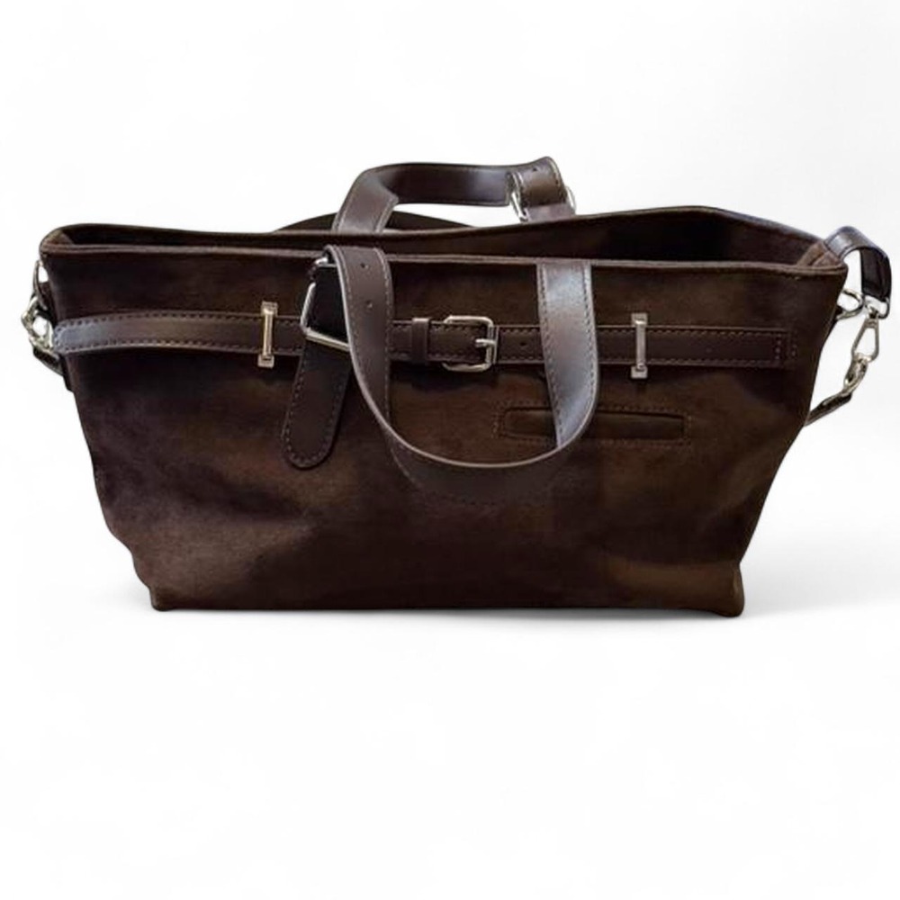 Chocolate Brown Faux Suede Buckle Strap Tote Bag